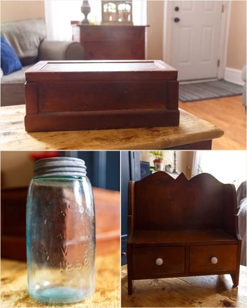 Collage of three vintage items: a wooden box on a table, a close-up of a blue glass jar with a metal lid, and a small wooden cupboard with two drawers. Cozy and nostalgic vibe.