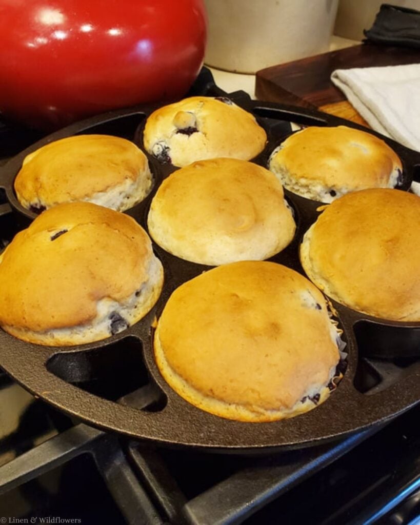 Golden baked blueberry muffins in a vintage cast iron muffin pan.