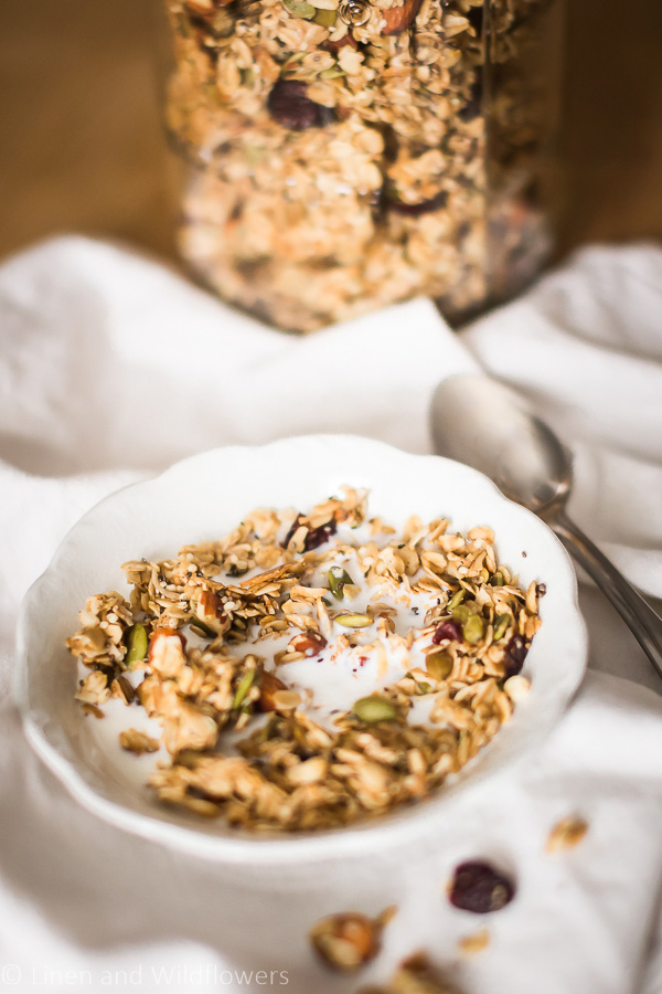 a bowl of granola with milk