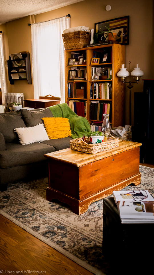 A cozy living room decorated with Inexpensive Ideas to Update Your Space with a blanket chest with a wicker tray with a plant, oil lamp & candy dish. In the background is a bookcase filled with decor & books, next to it is a vintage lamp with 2 milk glass shades. In front of the blanket chest is a ottoman with an opened decor book & eye glasses.