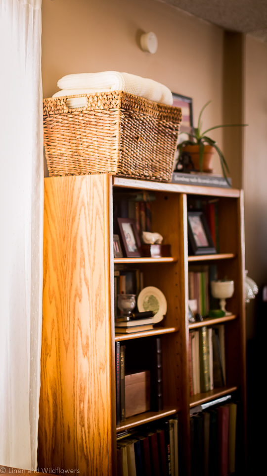 A bookcase with a thrifted decor & filled with books.