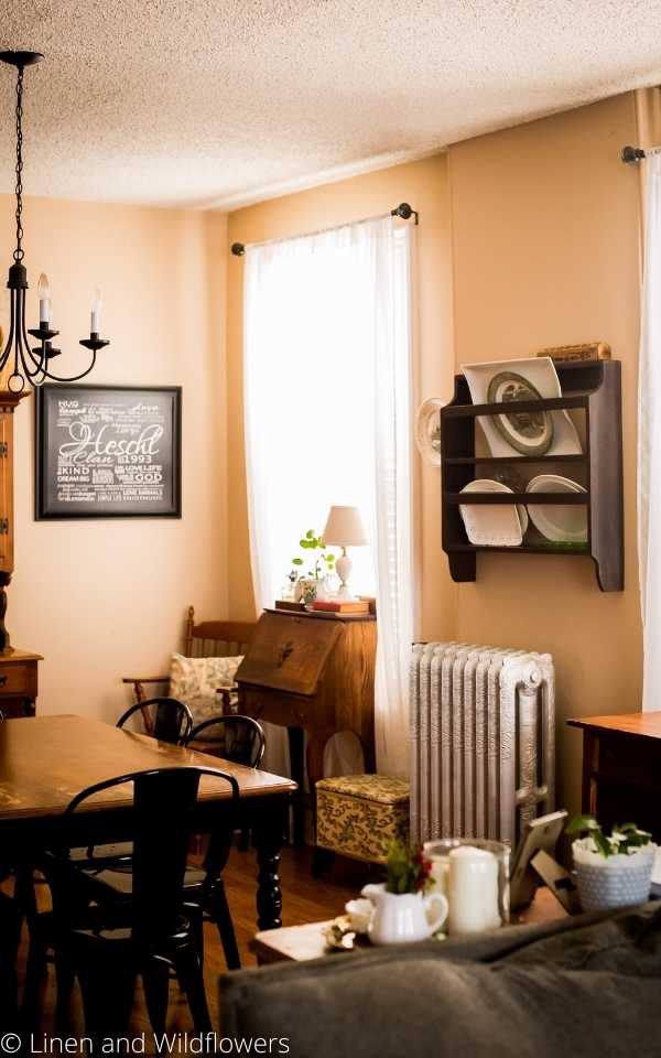 A dining room that is filled with furniture such as a dining room, secretary desk, colorful knitting box, plate rack that holds platters on the wall & a table that holds several pieces of decor including a plant.