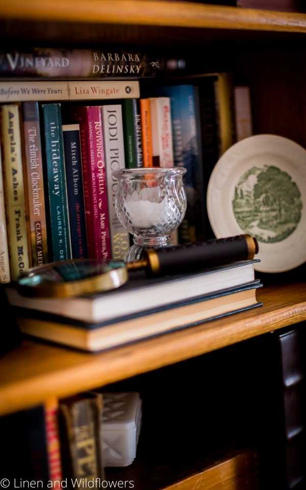 A variety of books in a  bookcase with a few miscellaneous decor items such as a candle holder, decorative plate & a antique magnifying glass.