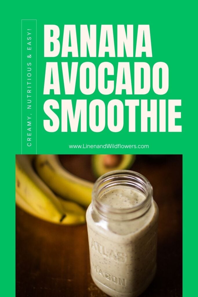 Green poster with "Banana Avocado Smoothie" text. Below, a mason jar filled with a creamy smoothie, flanked by ripe bananas. Inviting and nutritious.