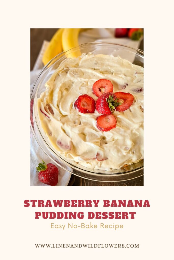 Alt text: "Strawberry banana pudding dessert in a clear dish, topped with fresh strawberry slices. Text reads 'Easy No-Bake Recipe.' Bright and inviting."