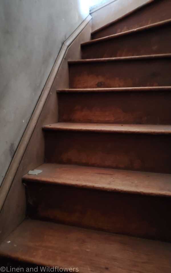 Our 1885 Historic Home-original wood steps leading into an attic from 1885
