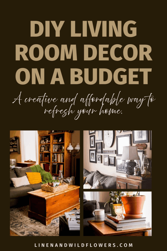 Rustic living room with wood furniture, cozy pillows, and gallery wall. Text: "DIY Living Room Decor on a Budget." Inviting and creative ambiance.