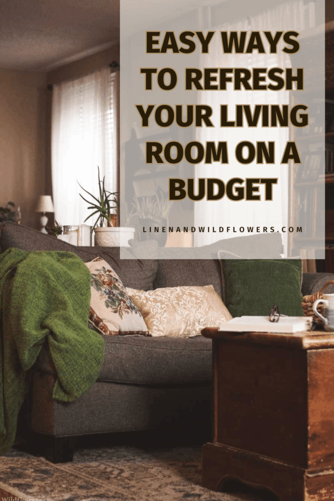 Cozy living room with a gray sofa, green throw, and patterned pillows. A wooden coffee table is nearby. Text reads, "Easy Ways to Refresh Your Living Room on a Budget."