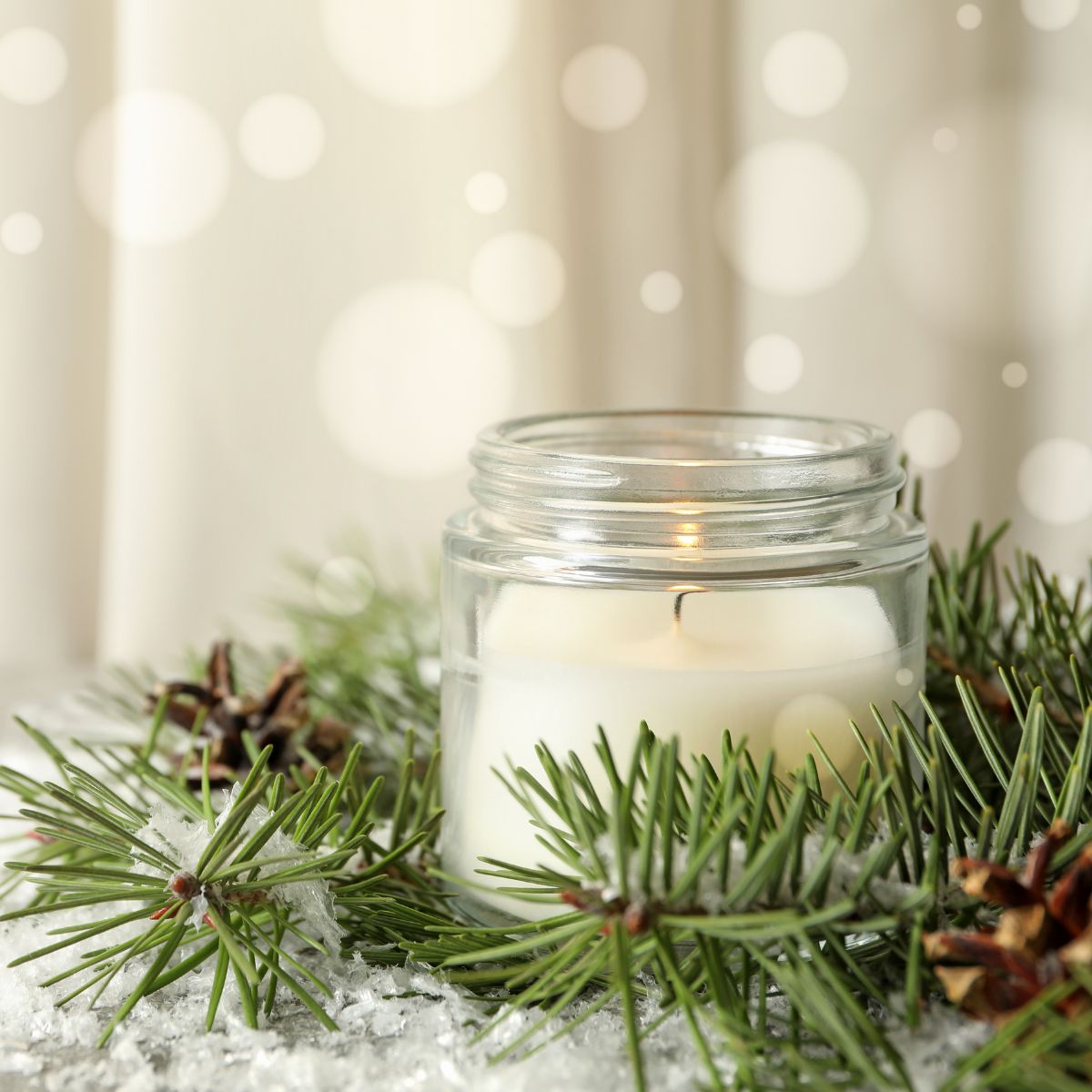 A small mason jar candle surrounded with pine & pinecones.