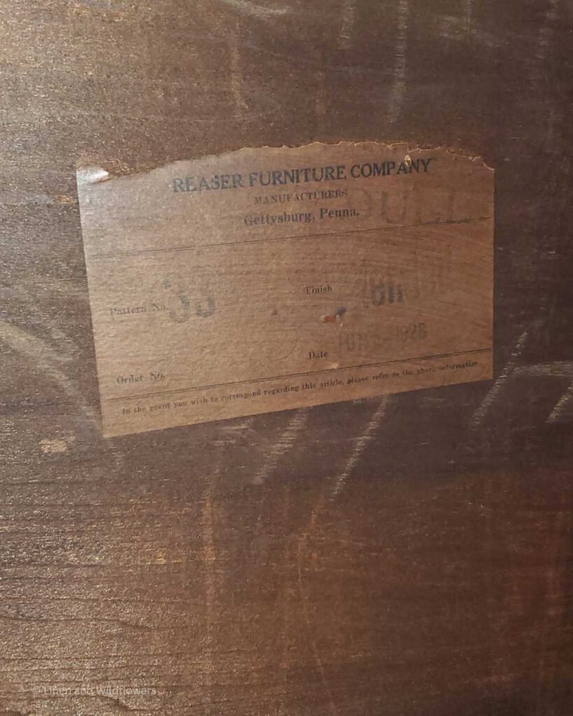 Reaser Furniture Company label on the back of an antique china cabinet made in 1928.