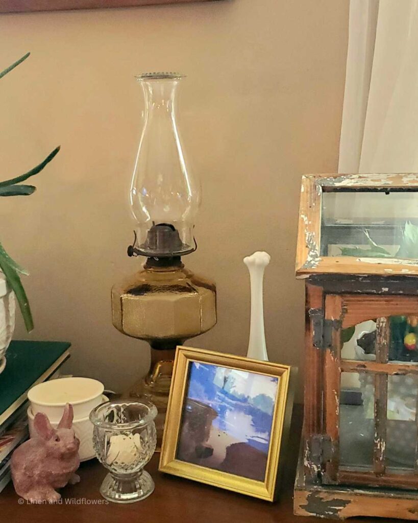 A sideboard with decorative items including an antique oil lamp, candle, milkglass vase, a photo in a gold frame & a stack of books with a aloe vera plant on top. Next to all the items is a ditressed terrarium with house plants inside of it.