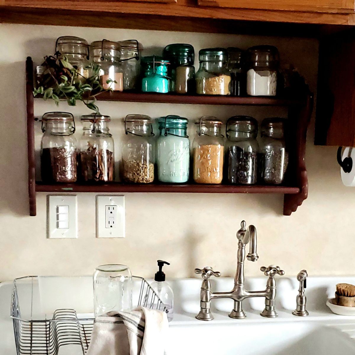 A two tiered wall shelf above the vintage sink with a large assortment of small & large vintage mason jars filled with dry goods & a wondering Jew plant on the top shelf.