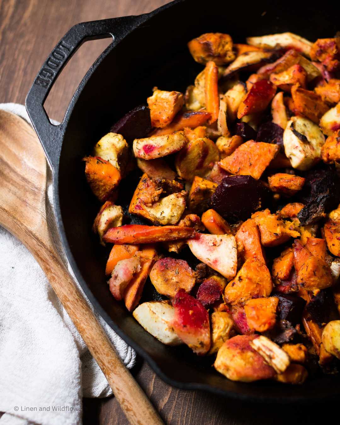 Roasted Root Vegetable Medley in a Skillet Linen & Wildflowers