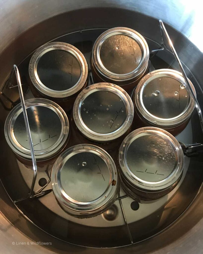 Mason jars on a rack in the water bath canner.