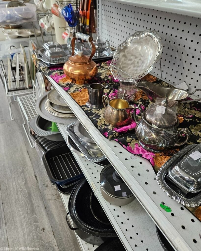 Antique silver-plate tea set with copper kettle and creamer, found while thrift shopping for vintage serving pieces.