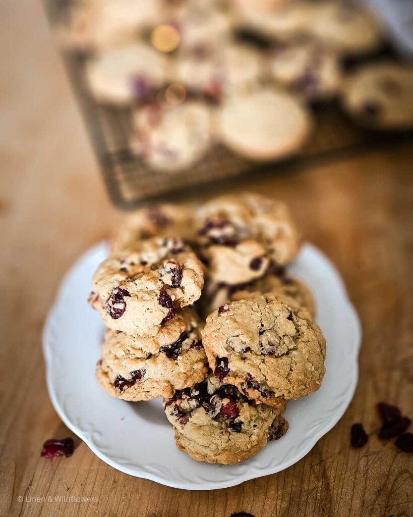 An ironstone plate with a pile of freshly baked cookies. Dried cranberries scattered around the plate. Behind it is a black wire rack with freshly baked cookies cooling down.