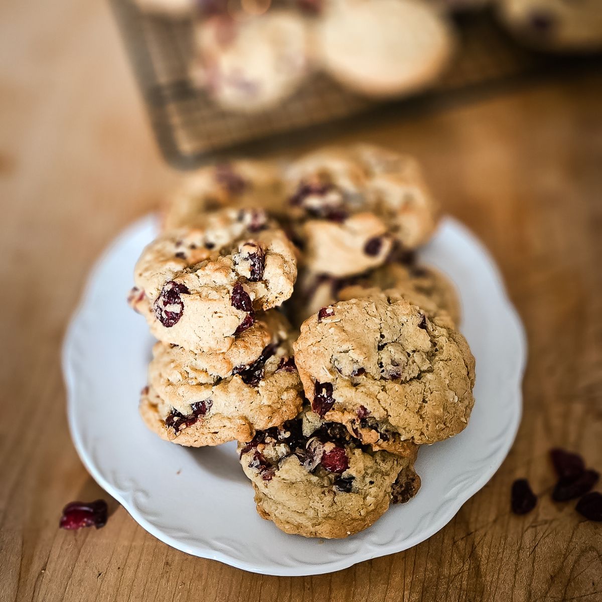 An ironstone plate with a pile of freshly baked Cranberry Oatmeal cookies.