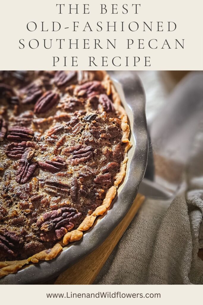 a freshly baked Old-Fashioned Southern Pecan Pie in a stone pie plate cooling on a butcher block.