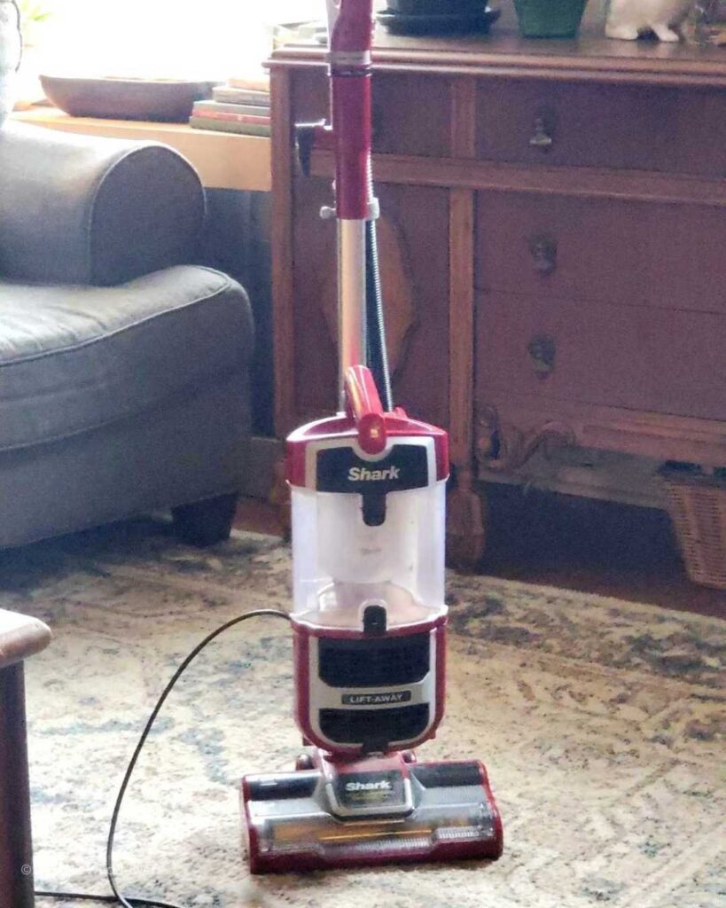  A red Shark vacuum cleaner on a vintage rug.