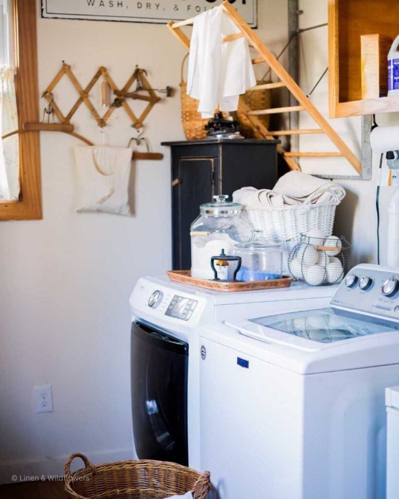 A laundry room with homemade laundry detergent.