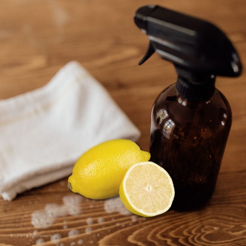 Brown spray bottle, lemons & white linen towel with some suds on a wood table.