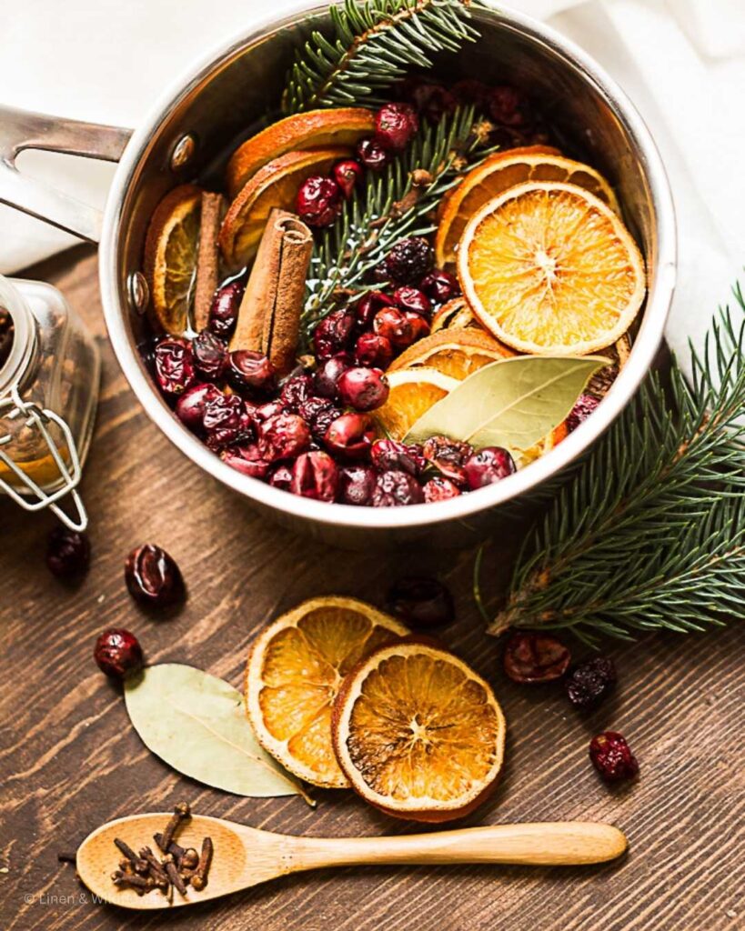 A homemade Winter pot with orange slices, cranberries, cinnamon sticks & pine branches in a pot. Next to the post is fresh fruit, pine branches & a wooden spoon with cloves.