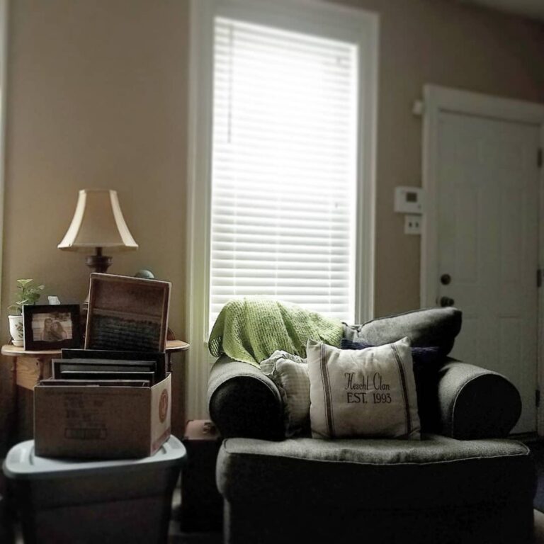 Cozy living room corner featuring a large gray armchair with a personalized family pillow that reads "Heschl Clan EST. 1993," a green throw blanket, and a side table with a lamp, houseplant, and framed photo. Cardboard boxes and a plastic storage bin are placed nearby, creating a lived-in and nostalgic atmosphere.