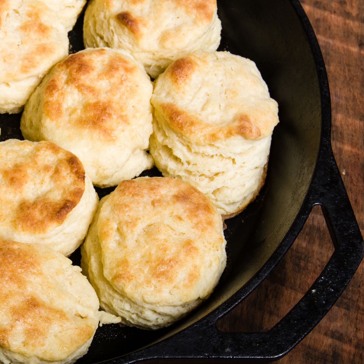 Golden, flaky baking powder biscuits arranged in a dark cast iron skillet on a rustic wooden surface, conveying warmth and homeliness.