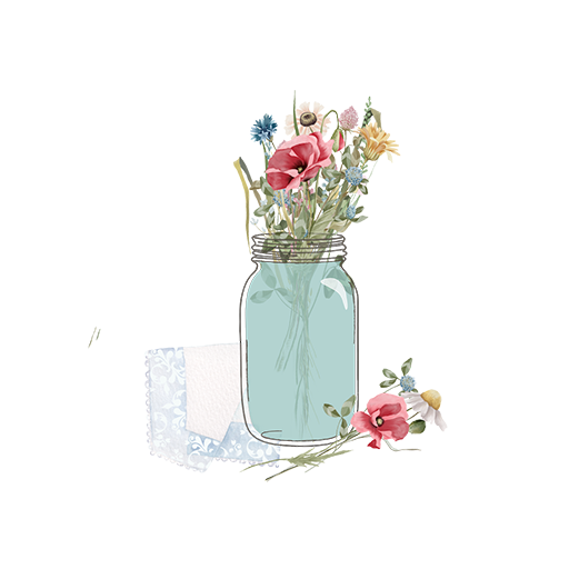 Mason Jar with Wildflowers and a linen napkin graphic. Logo graphic fror www.LinenandWildflowers.com