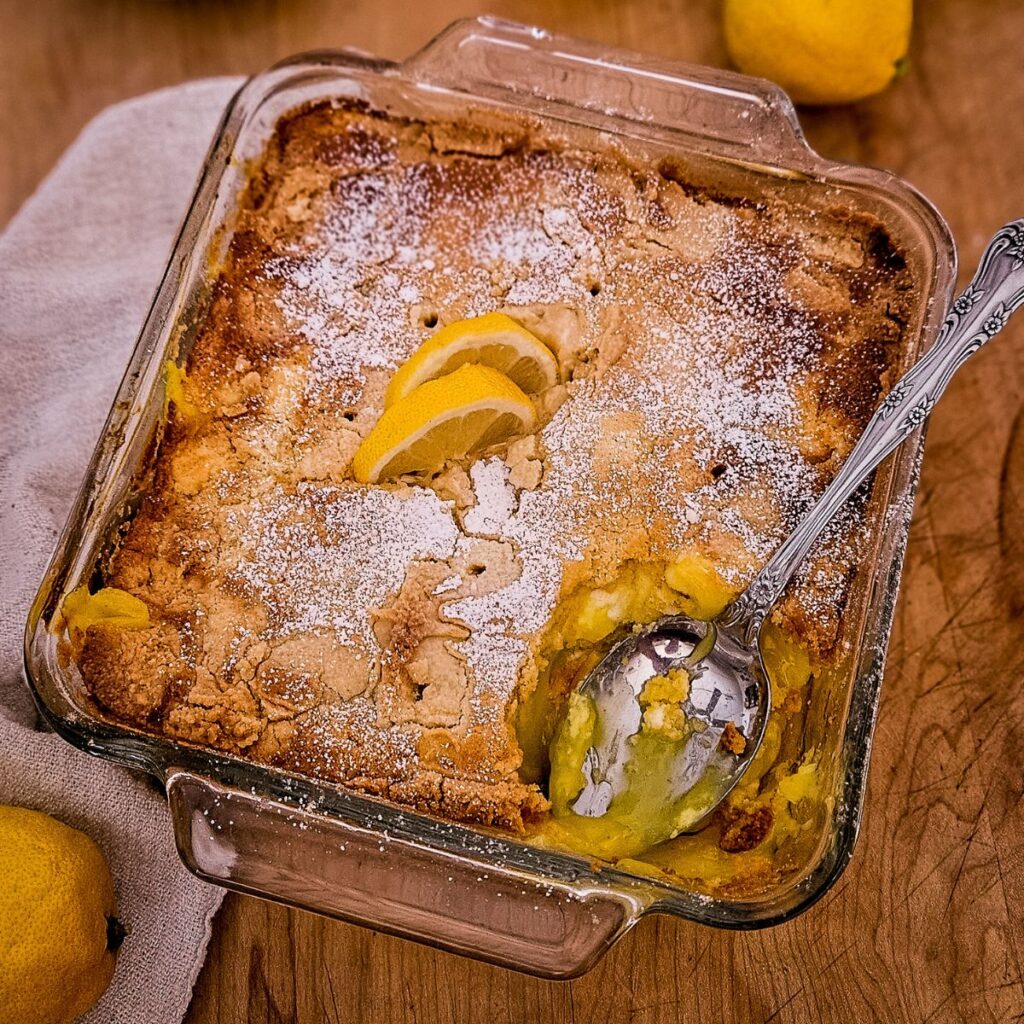 Baked lemon dump cake dessert in a glass dish with sliced lemons, topped with powdered sugar and lemon slices, surrounded by whole lemons and a spoon.