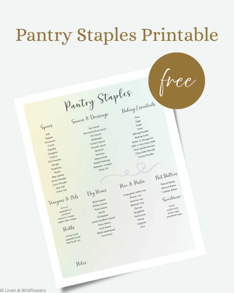 A "Pantry Staples Printable" is shown with various categories like spices, sauces, and baking essentials, labeled under a "free" badge. The tone is organized and helpful.