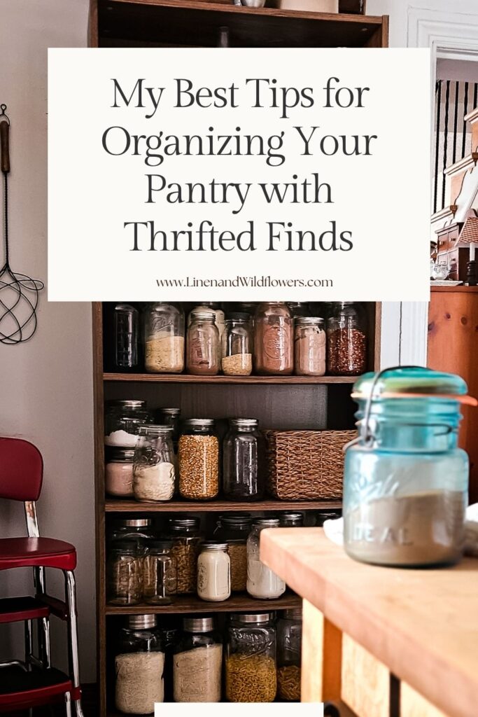 Pinterest Images that shows an organized pantry shelves filled with jars of grains and spices alongside a wicker basket. A vintage chair and a jar sit nearby