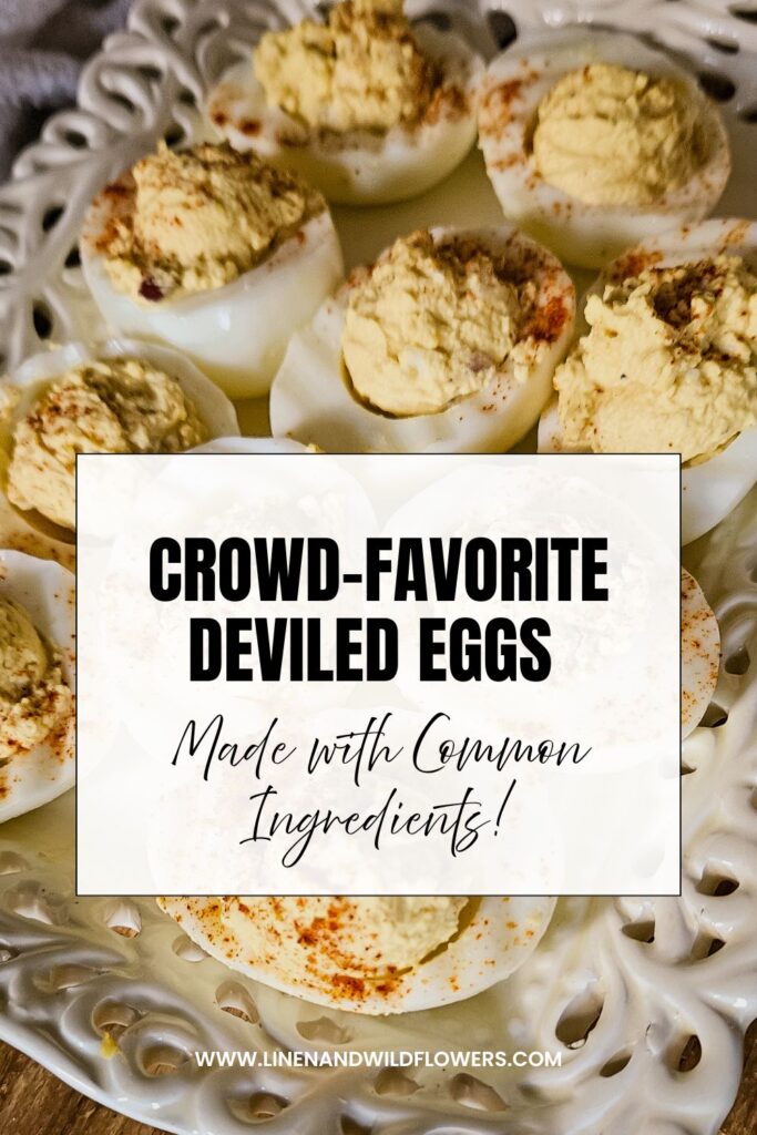 Plate of deviled eggs topped with paprika on a lace-patterned plate. Overlaid text reads "Crowd-Favorite Deviled Eggs" with a rustic, inviting tone.