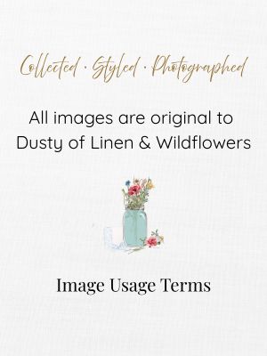 Alt text: "Card showcasing image usage terms, featuring elegant gold script and saying 'Collected, Styled, Photographed.' Includes a small illustration of a jar with wildflowers. Tone is artistic and vintage."
