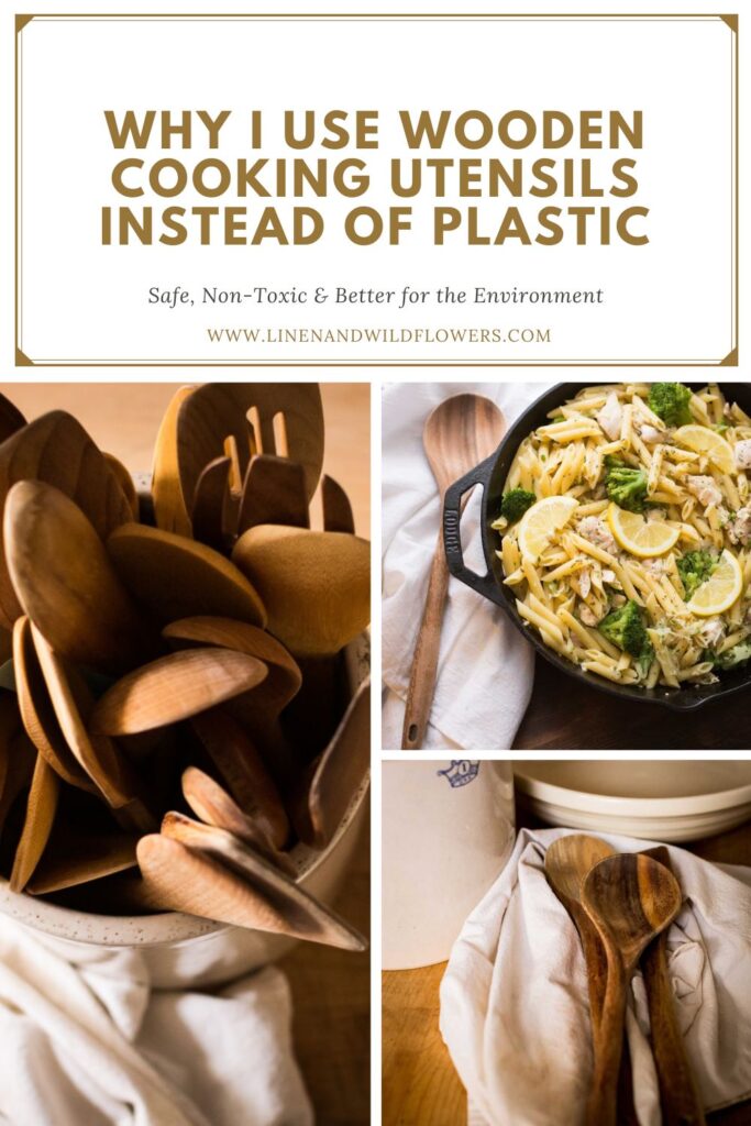 Collage of wooden cooking utensils in a container, a skillet of pasta with lemon and broccoli, and more wooden spoons on a cloth. Text promotes wood over plastic.