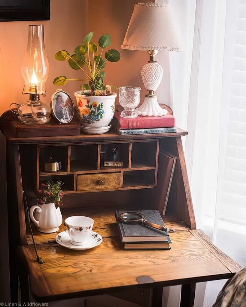 Cozy vintage desk scene with a plant, framed photo, and lamp on top. Below, a teacup, books, and magnifying glass create a warm, inviting atmosphere.