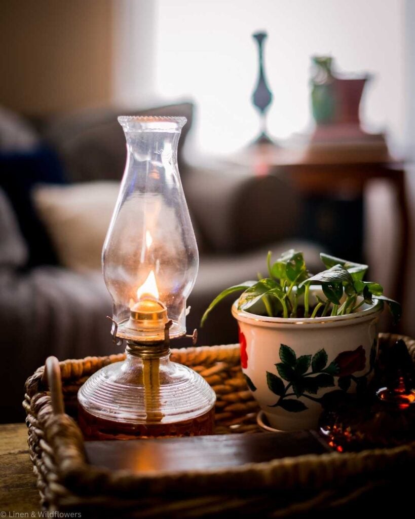 A warm-lit oil lamp and a small plant in a decorative pot sit in a wicker basket on a cozy table, creating a vintage and inviting atmosphere.