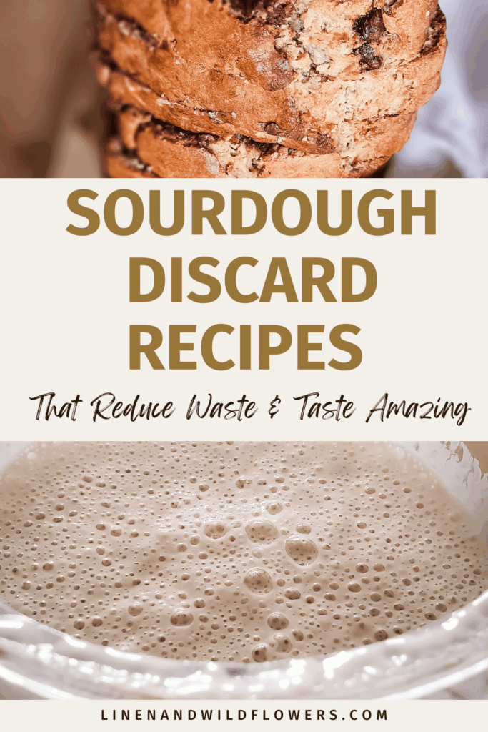 Close-up of a crusty sourdough loaf above bubbly starter. Text in bold reads "Sourdough Discard Recipes." Tone conveys warmth and sustainability.