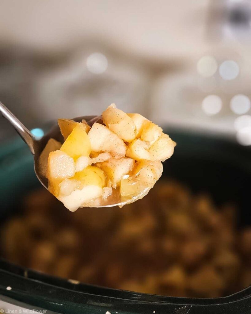 A spoonful of cooked, diced apples seasoned with cinnamon is held over a slow cooker. The warm, golden tones suggest a cozy, autumnal feel.
