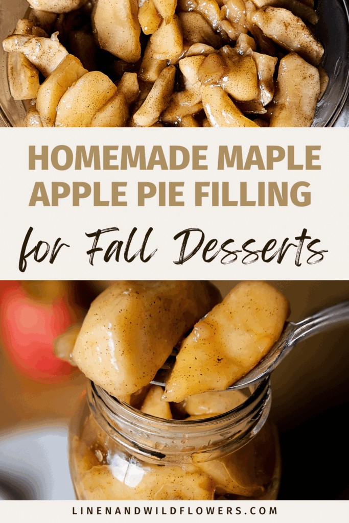 Close-up of homemade maple apple pie filling in a jar, surrounded by cinnamon-dusted apple slices. Text reads: "Homemade Maple Apple Pie Filling for Fall Desserts." Cozy and inviting autumn theme.