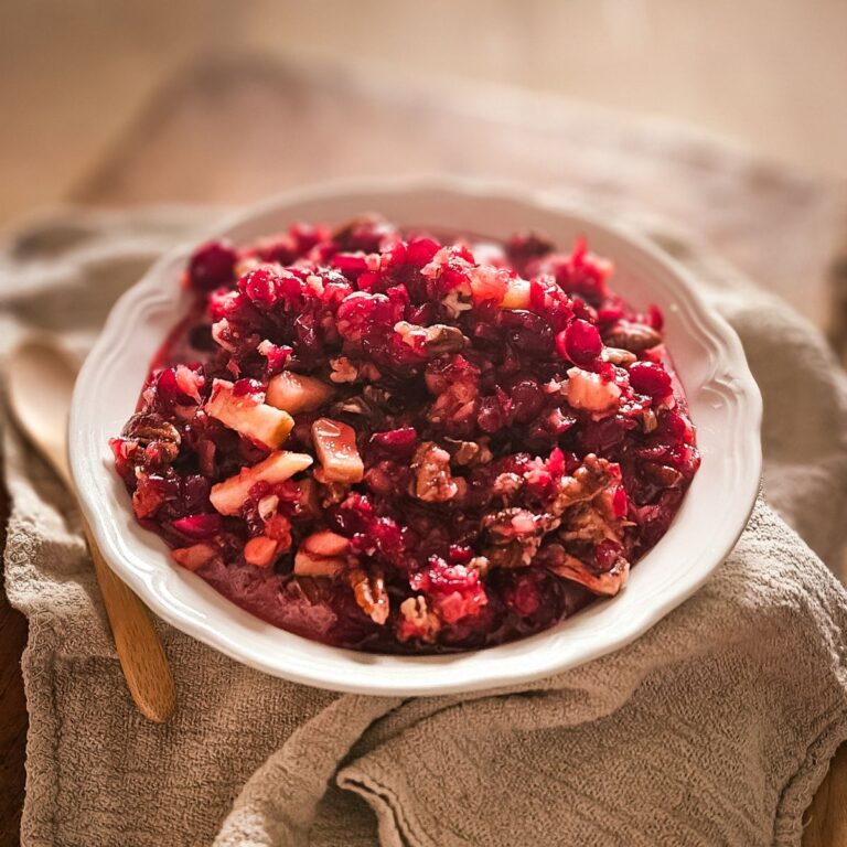 Bowl of vibrant cranberry salad with chopped apples and nuts on a rustic cloth. The warm lighting adds a cozy, inviting feel to the scene.