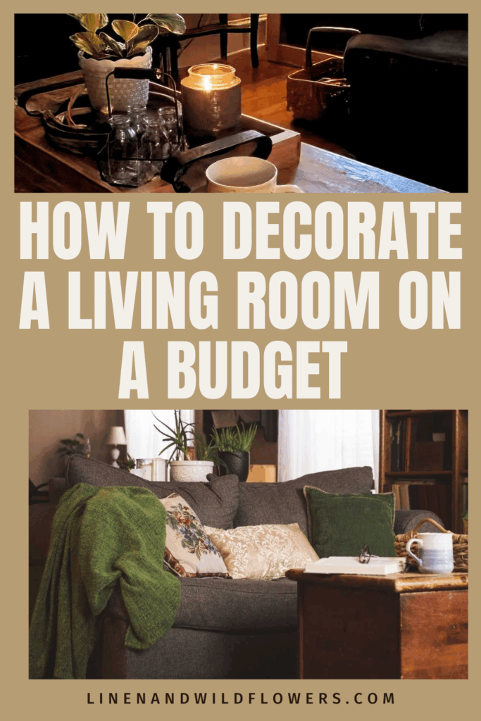 Cozy living room with plants, candles, and soft lighting; text reads "How to Decorate a Living Room on a Budget." Warm and inviting atmosphere.