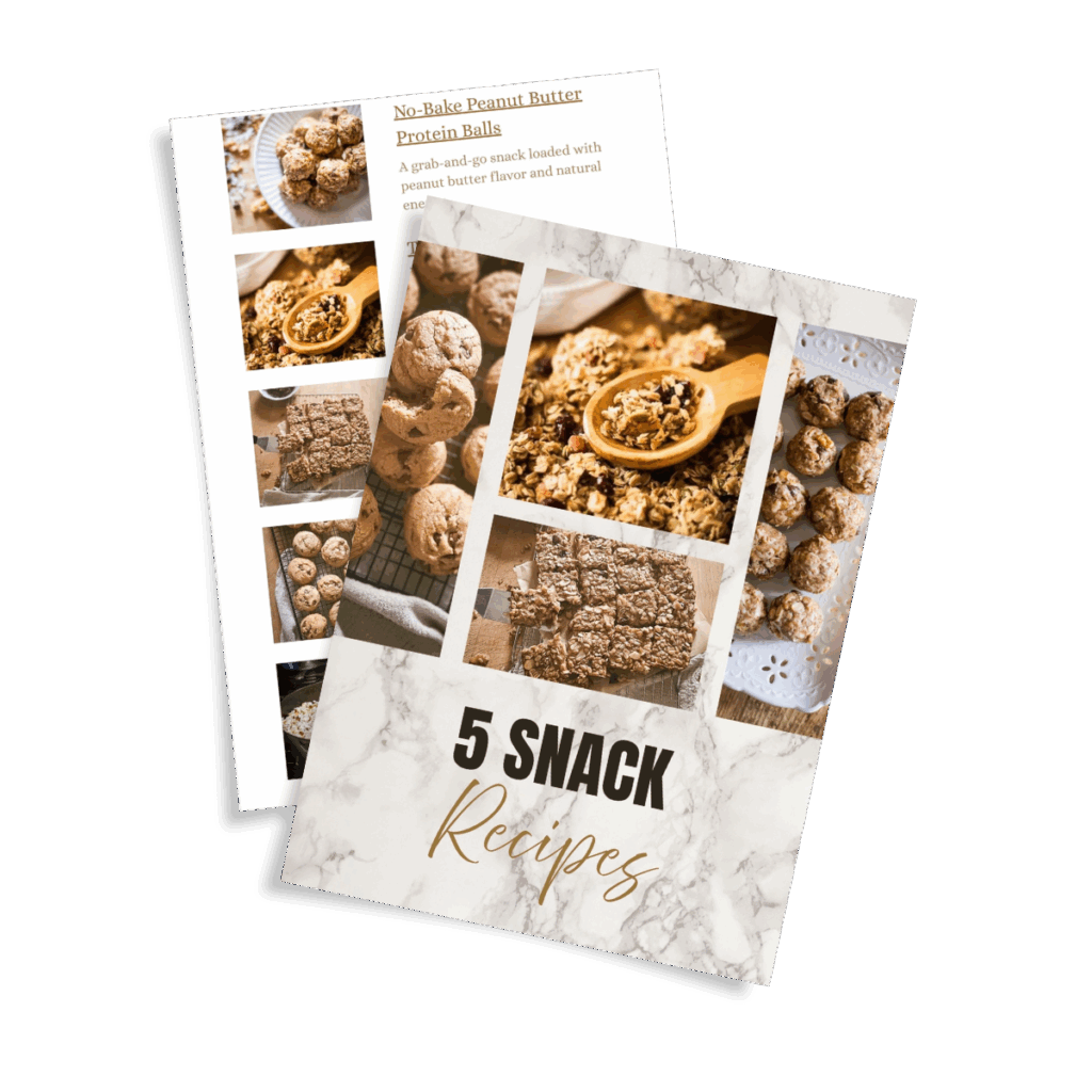 Magazine cover featuring "5 Snack Recipes" with images of granola, protein balls, and bars. A second page shows detailed descriptions and recipes.