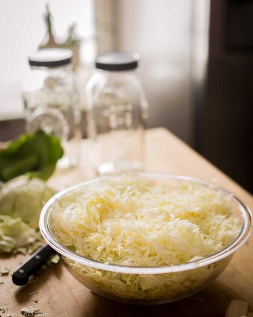 A glass bowl filled with shredded cabbage sits on a wooden countertop. Behind are empty glass jars and a knife, with soft natural lighting conveying a calm, rustic kitchen scene.