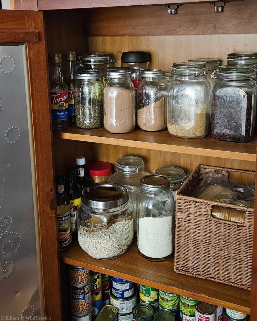 Wooden pantry shelves filled with glass jars of spices, baking ingredients, and oatmeal. A wicker basket and canned goods are neatly organized below.