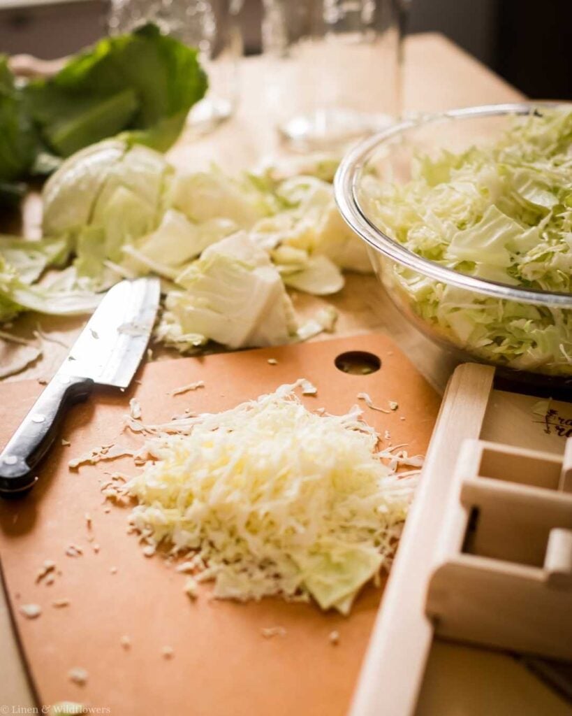 Chopped cabbage on a wooden cutting board with a knife beside it. A glass bowl filled with more cabbage sits nearby, evoking a fresh, homemade feel.