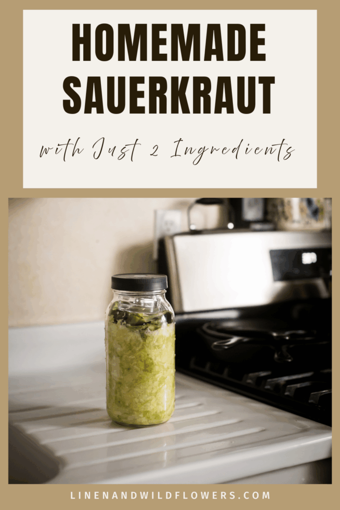 Jar of homemade sauerkraut sits on a white kitchen stove, with text above reading "Homemade Sauerkraut with Just 2 Ingredients." Warm, inviting tone.