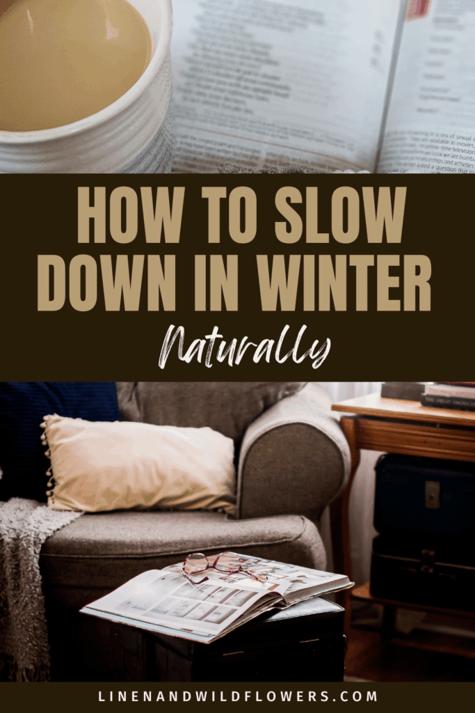 Cozy scene with a coffee and a book. Text reads, "How to Slow Down in Winter Naturally," on a calm background with soft lighting.