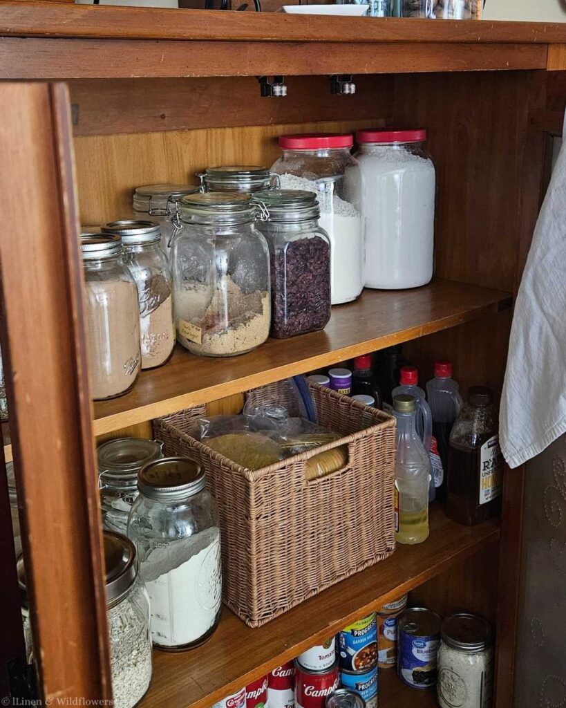 Wooden pantry shelves filled with jars of dry goods and spices, wicker basket, and canned food. The scene conveys a sense of order and coziness.