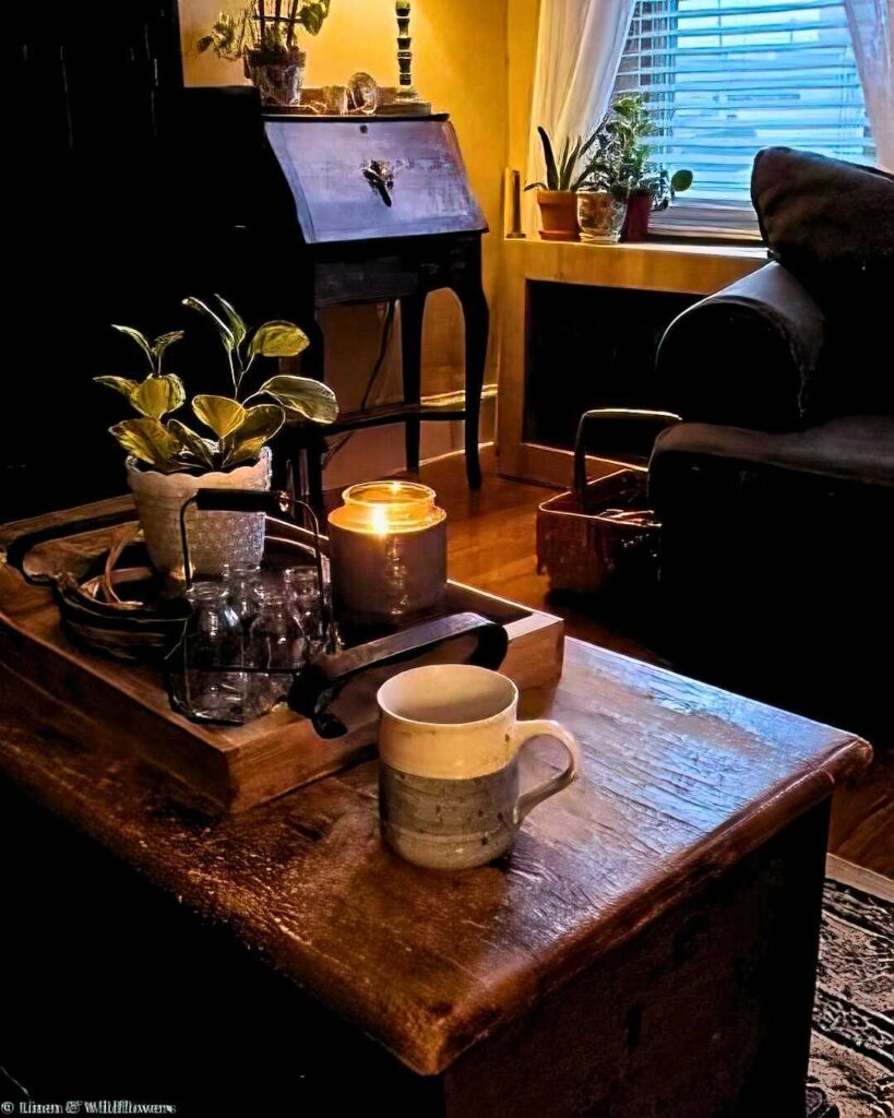 Cozy living room with warm lighting. A wooden table holds a lit candle, a mug, a plant, and glass bottles. A dark sofa and window with blinds are in the background.